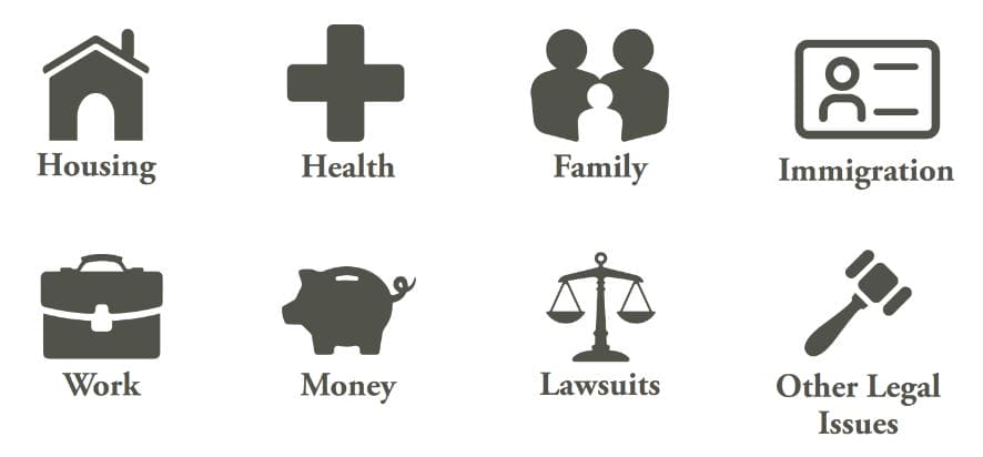 Housing, Health, Family, Immigration, Work, Money, Lawsuits, Other Legal Issues